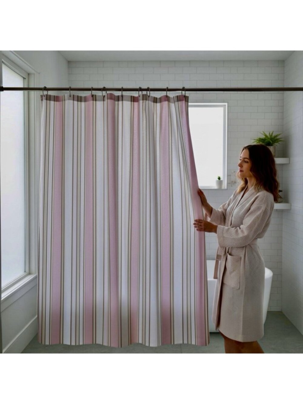 CHARTER CLUB Shower Curtain Striped Pink Taupe White Cotton Poly 71"W X 69"L